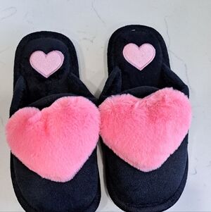 New Black Slippers with Pink Hearts, 6.5- 7